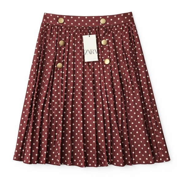 Zara Dresses & Skirts - Zara Polka Dot Skirt Wine Red Gold Button Detail Size S NWT Feminine Classic